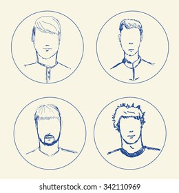 Sketch people icons. Men hand-drawn pencil pictograms isolated on white background.