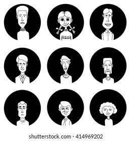 Sketch people icons. Men hand-drawn round avatars isolated