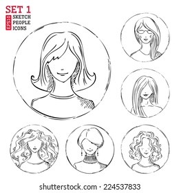 Sketch people icons. Women hand-drawn round pictograms isolated on white background.