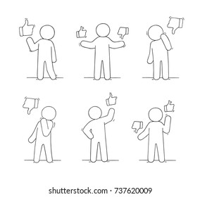 Sketch of people with like and dislike signs. Doodle cute miniature scene with communication symbols. Hand drawn cartoon vector illustration for business and web design.