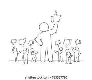 Sketch of people with like and dislike signs. Doodle cute miniature scene about communication. Hand drawn cartoon vector illustration for social media design.