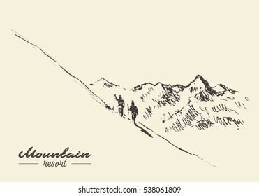 Sketch of a people at mountain resort, hand drawn vector illustration