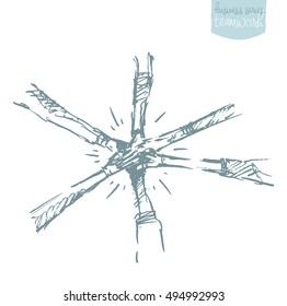 Sketch of a people, putting their hand on top of each other. Teamwork, collaboration, concept vector illustration