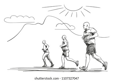Sketch of people running outdoor with mountain background, Hand drawn vector illustration