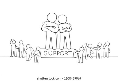 Sketch of people support. Doodle cartoon working men. Hand drawn vector illustration for business design.