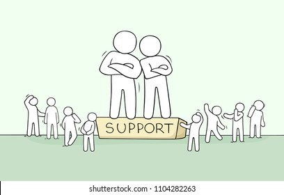 Sketch of people support. Doodle cartoon working men. Hand drawn vector illustration for business design.