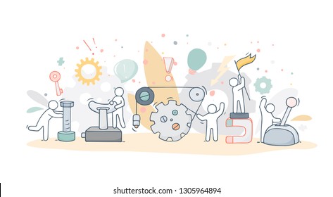 Sketch of people support. Doodle cartoon working men. Hand drawn vector illustration for business design.