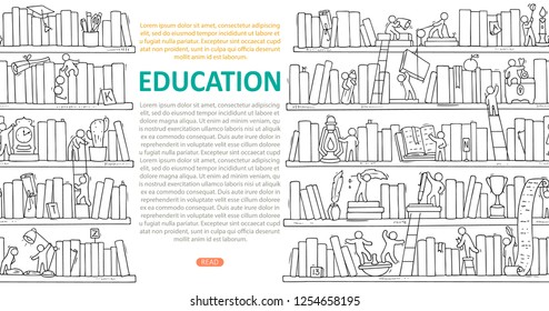 Sketch of people teamwork, books,cooperation. Doodle cartoon scene with bookshelves. Hand drawn vector illustration for education design isolated on white.