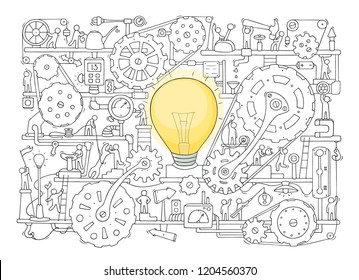 Sketch of people teamwork, gears, lamp idea. Doodle cartoon mechanism with machinery and cogwheels. Hand drawn vector illustration for business design isolated on white.