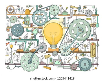 Sketch of people teamwork, gears, lamp idea. Doodle cartoon mechanism with machinery and cogwheels. Hand drawn vector illustration for business design isolated on white.