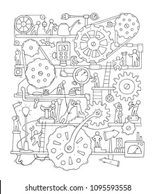 Sketch of people teamwork, gears, production. Doodle cartoon mechanism with machinery and cogwheels. Hand drawn vector illustration for business and industry design isolated on white.