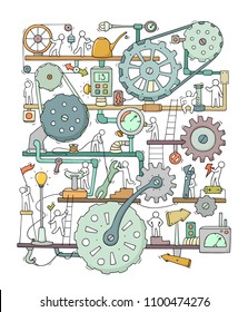 Sketch of people teamwork, gears, production. Doodle cartoon mechanism with machinery and cogwheels. Hand drawn vector illustration for business and industry design isolated on white.