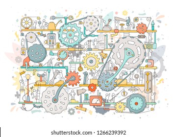 Sketch of people teamwork, gears, production. Doodle cartoon mechanism with machinery and cogwheels. Hand drawn vector illustration for business and industry design isolated on white.