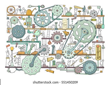 Sketch of people teamwork, gears, production. Doodle cartoon mechanism with machinery and cogwheels. Hand drawn vector illustration for business and industry design isolated on white