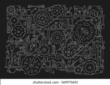 Sketch of people teamwork, gears, production. Doodle cartoon mechanism with machinery and cogwheels. Hand drawn vector illustration for business and industry design isolated on black.