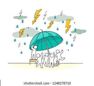 Sketch of people under big umbrella. Doodle cartoon scene about weather. Hand drawn vector illustration isolated on white.