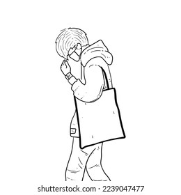 Sketch people use totebag on good pose white Background vector modern illustration
