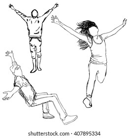 Sketch Of People, Vector Illustration, Hand Drawn. Outline Boys And Girl With Hands Up. Concept Of Happy, Love, Jump