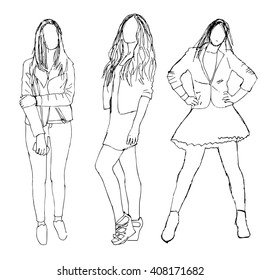 Sketch of people. Vector illustration, hand drawing. Three girls in different photo pose in doodle style