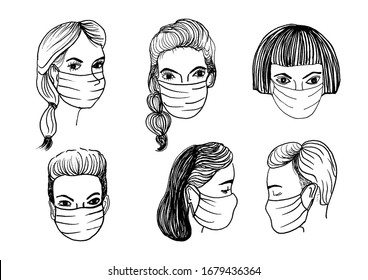 Sketch of people wearing face mask to protection virus or air pollution. Vector illustration