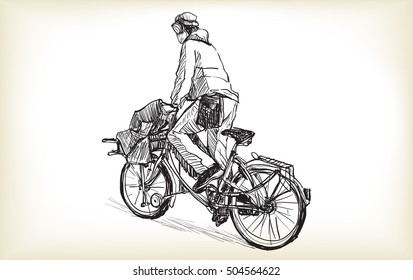 sketch of people who is bicycle messenger with cargo bike riding for delivery mail and listen music with headphone in Berlin, free hand draw illustration vector