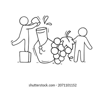 Sketch of people with wine bottle and red grapes. Vector hand drawn illustration of alcohol drink in green glass bottle and doodle men with cork isolated on white background
