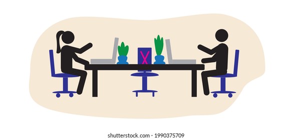 Sketch people working on laptops. Social distancing in the office. Keep a distance of 2 meters, be safe. Protection against the coronavirus epidemic.