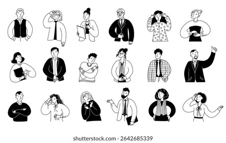 Sketch person expression. Line people emotions, office man woman workers expressive portraits with emotional faces. Vector happy sad feelings expression doodle set.