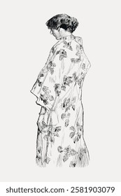 Sketch of a person in a floral robe, side view. Detailed line art, floral pattern. Elegant robe, intricate floral design. Artistic line drawing, floral robe. Vintage woman illustration vector.