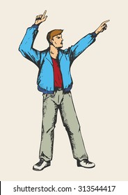 Sketch of a person hands up, pointing  fingers