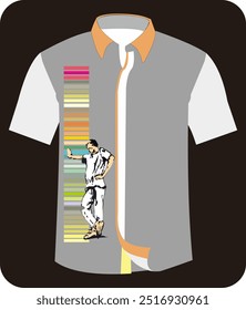 sketch of a person standing with colorful vertical. combination with clothes of gray, brown and white color on a black background - garment illustration vector graphic