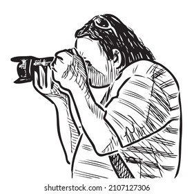 Sketch of person taking picture on camera outdoors on sunny day