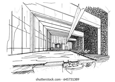 sketch perspective interior. Drawing pen with pencil black and white interior design. vector sketch
