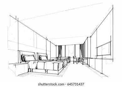 sketch perspective interior. Drawing pen with pencil black and white interior design. vector sketch
