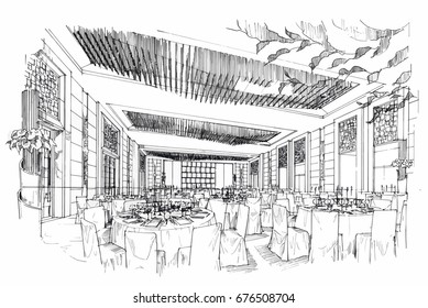 sketch perspective interior. Drawing pen with pencil black and white interior design. vector sketch