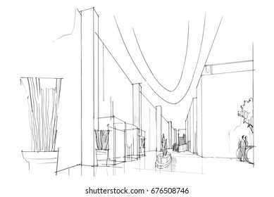 sketch perspective interior. Drawing pen with pencil black and white interior design. vector sketch