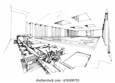 sketch perspective interior. Drawing pen with pencil black and white interior design. vector sketch