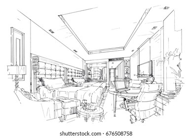 sketch perspective interior. Drawing pen with pencil black and white interior design. vector sketch