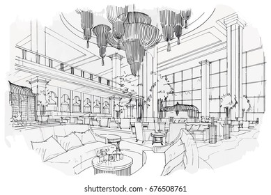 Sketch Perspective Interior. Drawing Pen With Pencil Black And White Interior Design. Vector Sketch