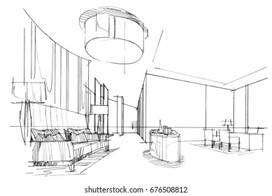 sketch perspective interior. Drawing pen with pencil black and white interior design. vector sketch