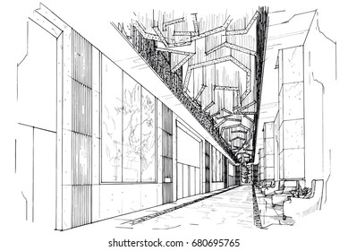 sketch perspective interior. Drawing pen with pencil black and white interior design. vector sketch