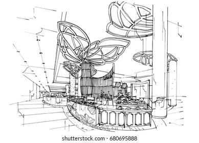 sketch perspective interior. Drawing pen with pencil black and white interior design. vector sketch