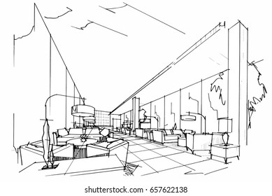sketch perspective interior. hand drawn sketch pen with pencil black and white interior design. vector sketch