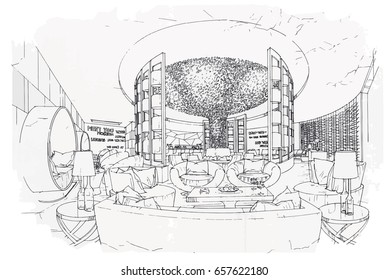 sketch perspective interior. hand drawn sketch pen with pencil black and white interior design. vector sketch