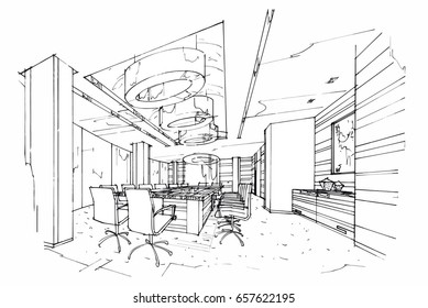 sketch perspective interior. hand drawn sketch pen with pencil black and white interior design. vector sketch
