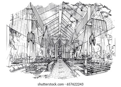 Interior de la perspectiva del bosquejo. Dibujado a mano pluma del bosquejo con el diseño interior blanco y negro del lápiz. bosquejo del Vector
