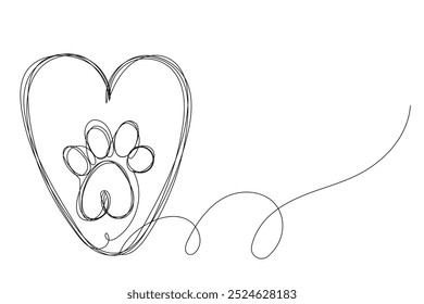 Sketch Pet Paw One Line Art. Abstract Silhouette Outline Doodle Contour Hand Drawn Illustration. Curve Line Symbol Icon. Editable Thin Vector Stroke. Continuous Line Sketch Modern Black Line Paw