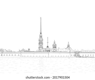 Sketch of the Peter and Paul Fortress in the city of St. Petersburg. Russia