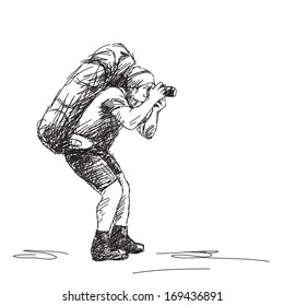Esbozo del vector de mochilero del fotógrafo