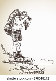 Sketch of photographer backpacker. Vector sketch, Hand drawn illustration